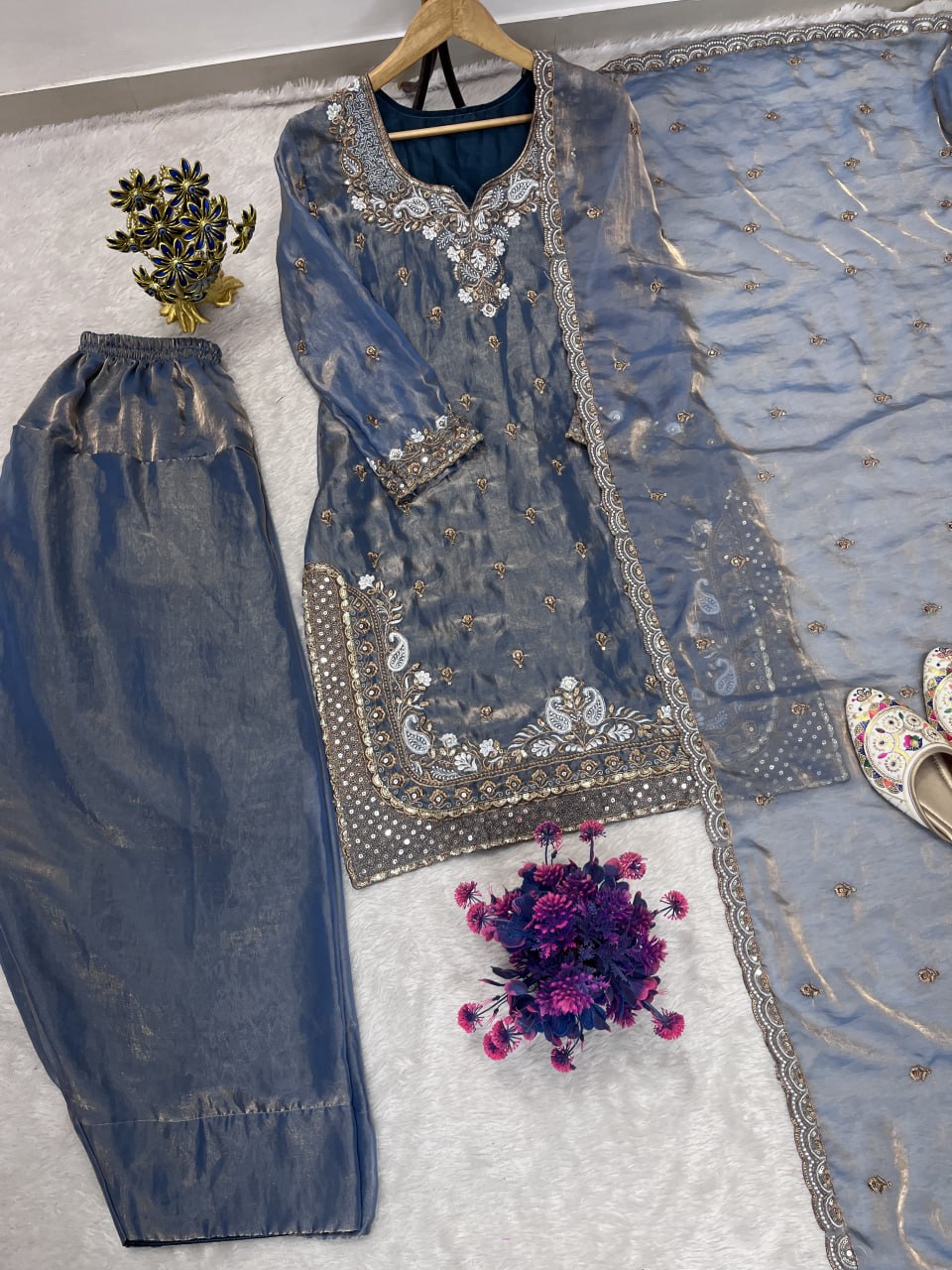 Zarmina Fendy Heavy Sequins Embroidered Farshi Plazzo Set with Dupatta