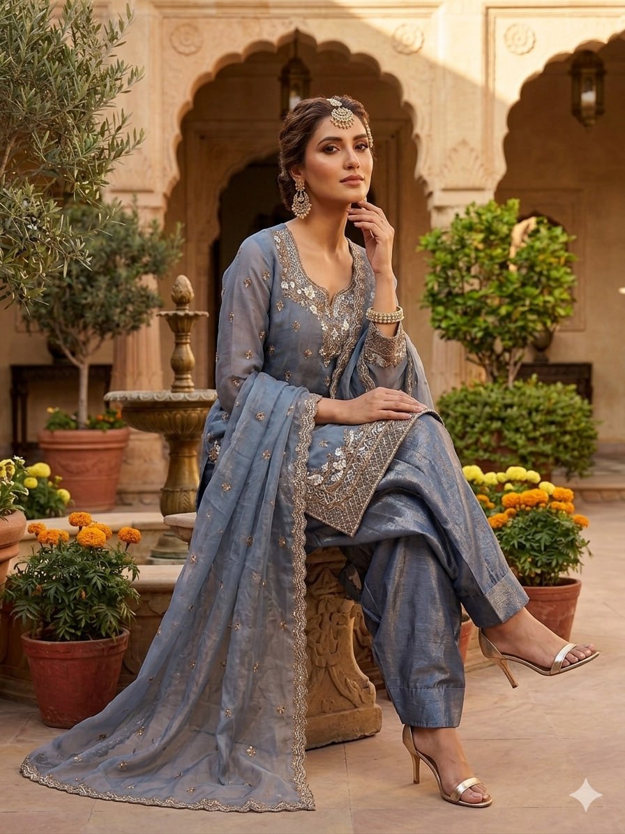 Zarmina Fendy Heavy Sequins Embroidered Farshi Plazzo Set with Dupatta