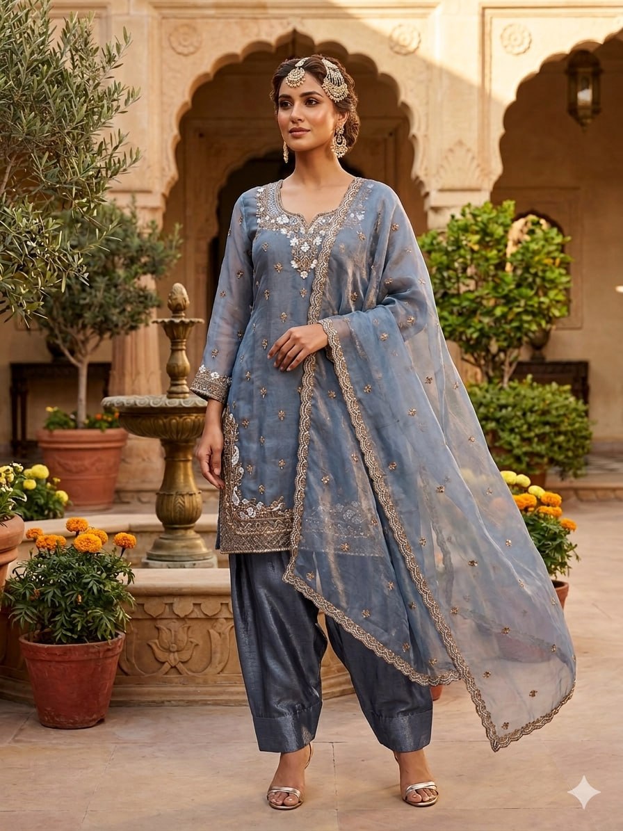 Zarmina Fendy Heavy Sequins Embroidered Farshi Plazzo Set with Dupatta