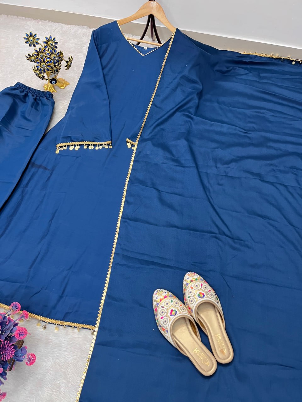Chandrima Mal Chanderi Gown with Palazzo & Lace Dupatta