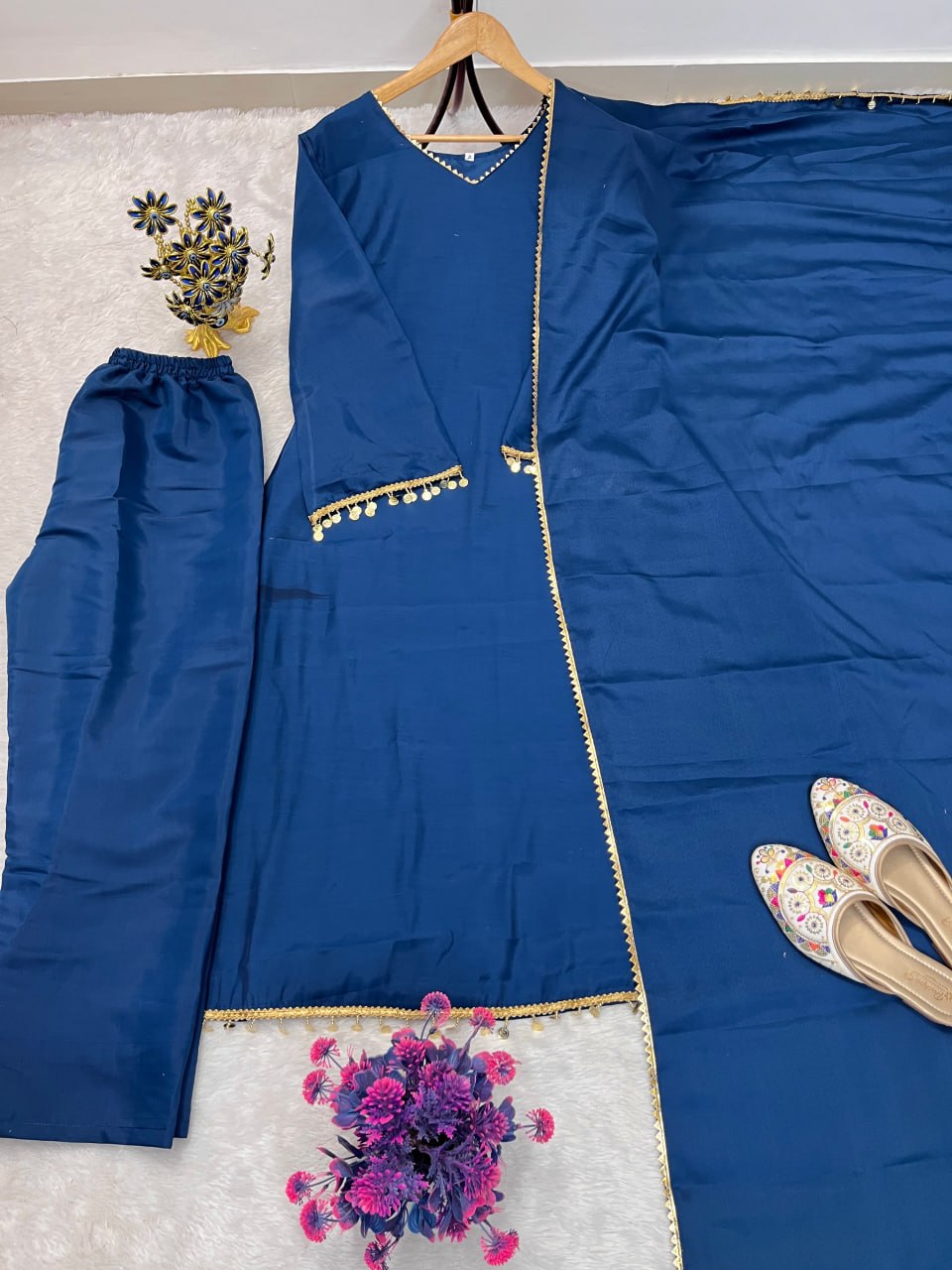 Chandrima Mal Chanderi Gown with Palazzo & Lace Dupatta