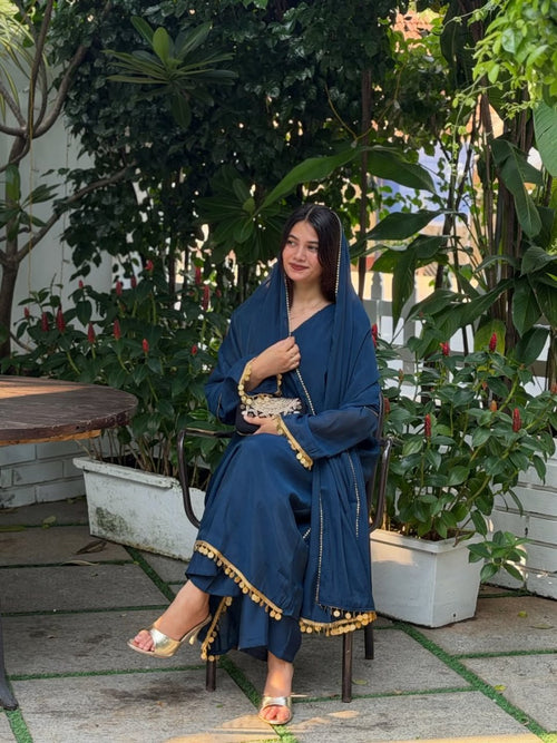 Chandrima Mal Chanderi Gown with Palazzo & Lace Dupatta