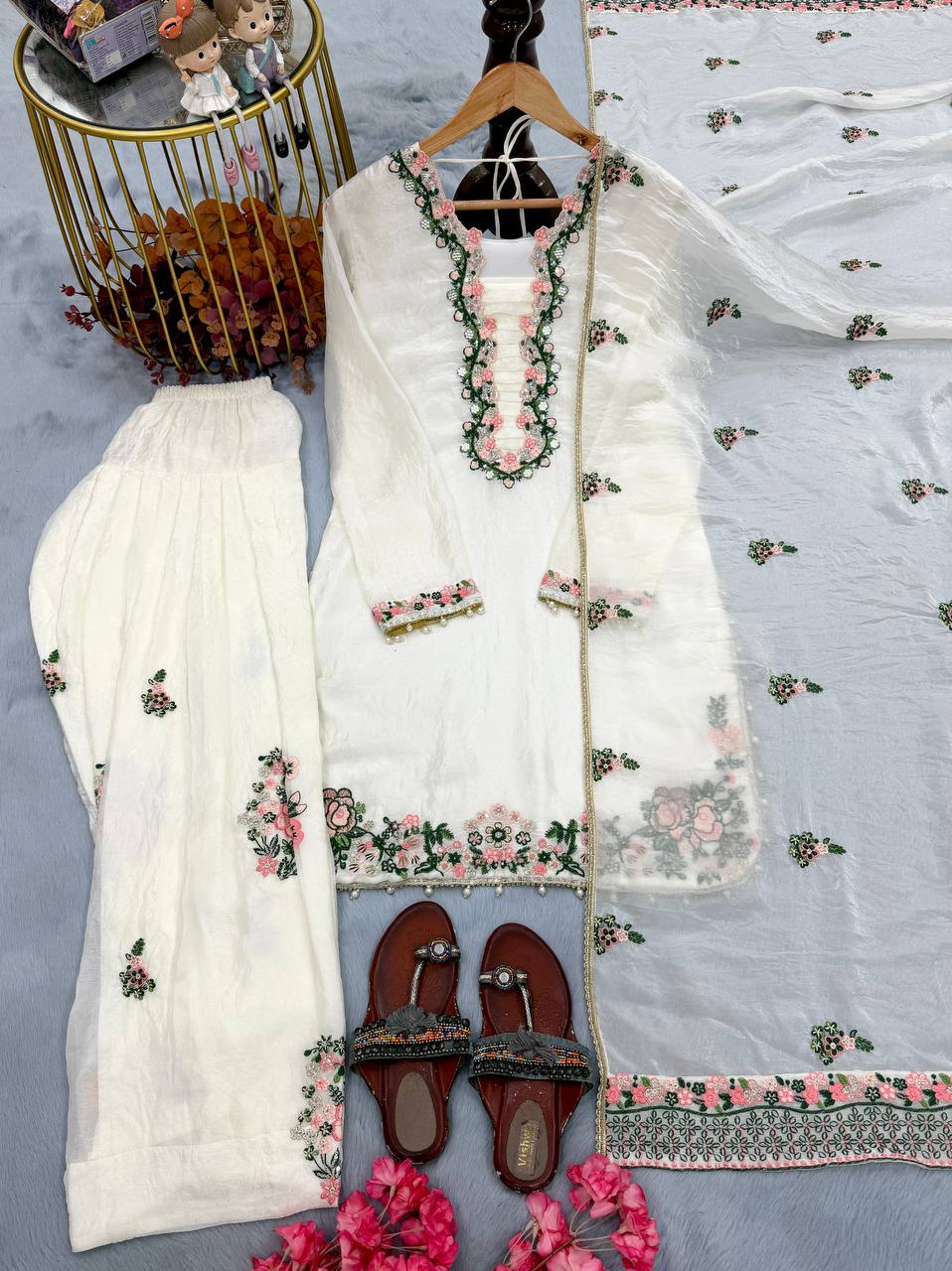 Kairavi Fendi Silk Diamond Handwork & Embroidered Farshi Plazzo Set
