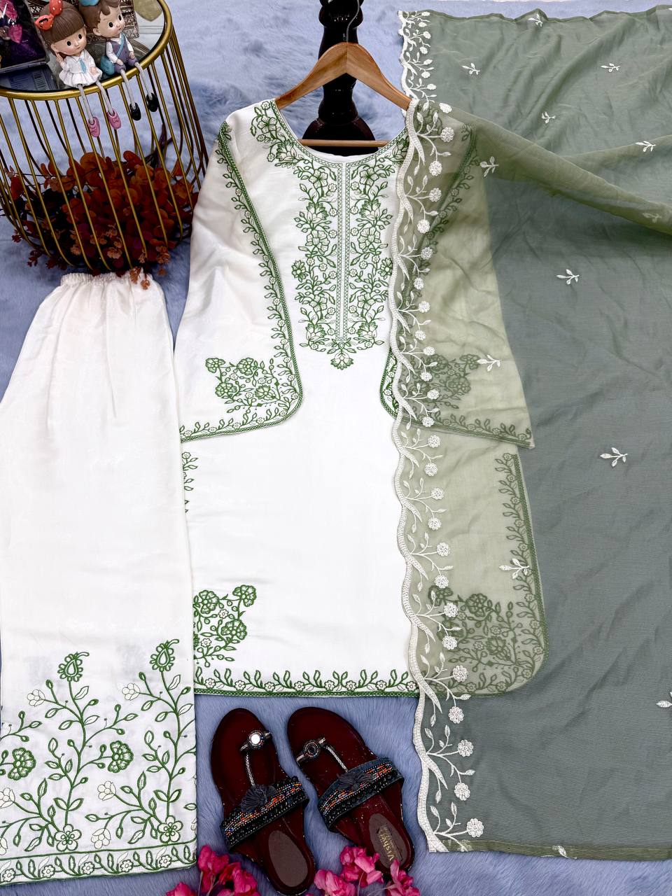 Aabheri Roman Glass Thread Embroidered Kurti Plazzo Set with Organza Dupatta