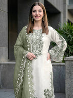 Aabheri Roman Glass Thread Embroidered Kurti Plazzo Set with Organza Dupatta