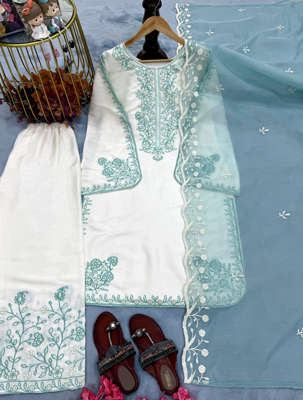 Aabheri Roman Glass Thread Embroidered Kurti Plazzo Set with Organza Dupatta