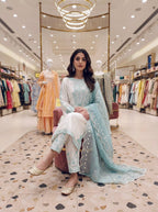 Aabheri Roman Glass Thread Embroidered Kurti Plazzo Set with Organza Dupatta