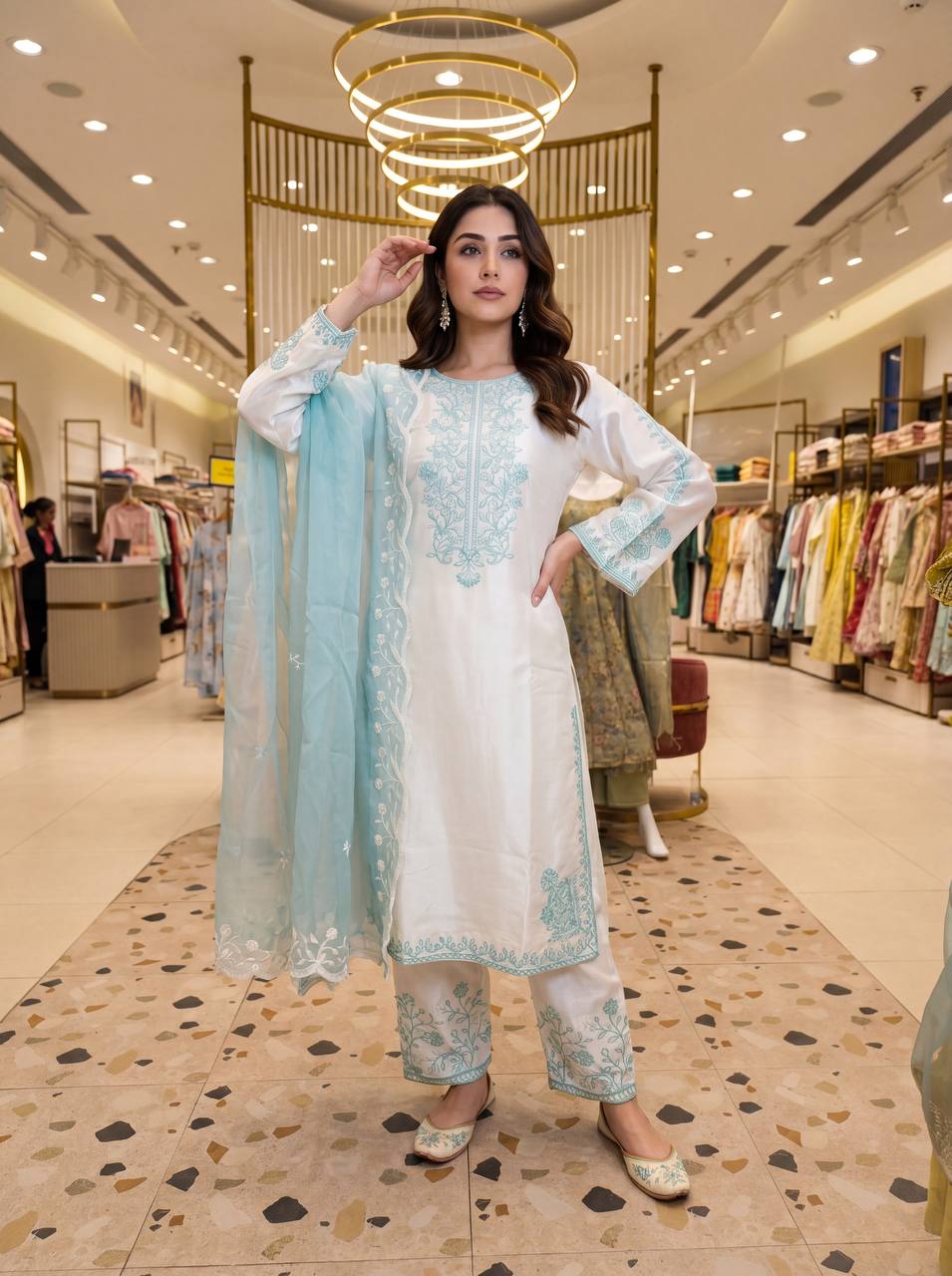Aabheri Roman Glass Thread Embroidered Kurti Plazzo Set with Organza Dupatta