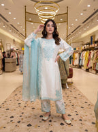 Aabheri Roman Glass Thread Embroidered Kurti Plazzo Set with Organza Dupatta