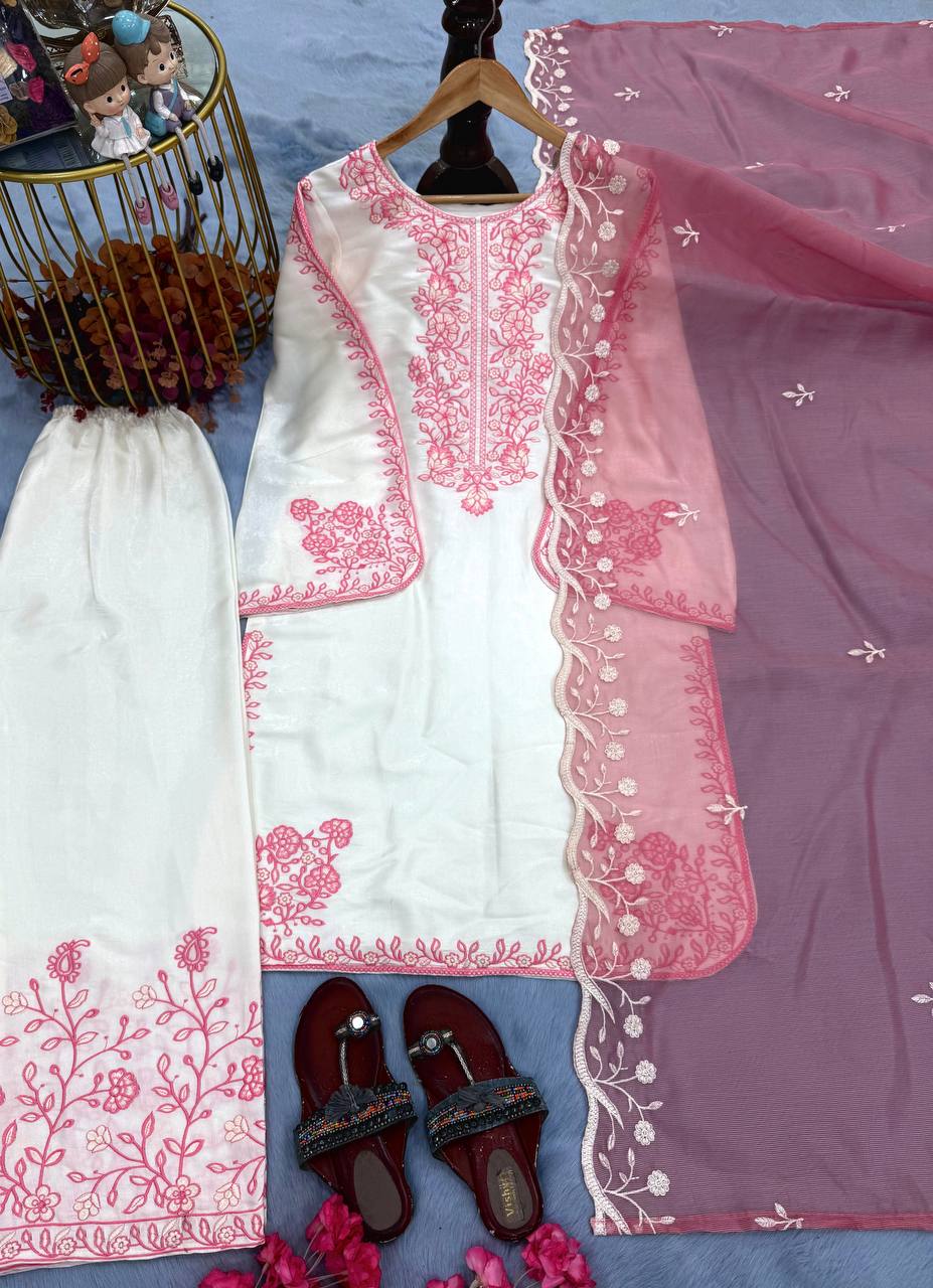 Aabheri Roman Glass Thread Embroidered Kurti Plazzo Set with Organza Dupatta