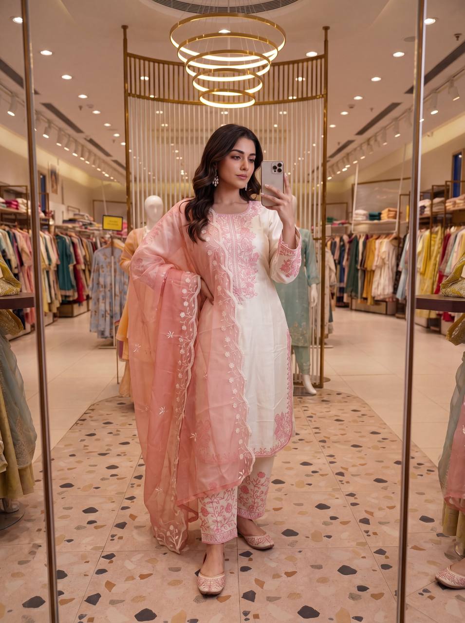 Aabheri Roman Glass Thread Embroidered Kurti Plazzo Set with Organza Dupatta