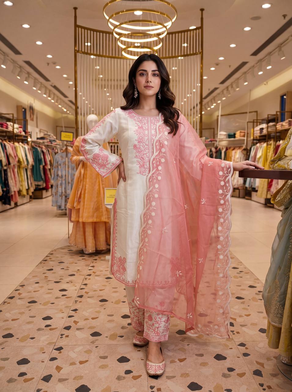 Aabheri Roman Glass Thread Embroidered Kurti Plazzo Set with Organza Dupatta