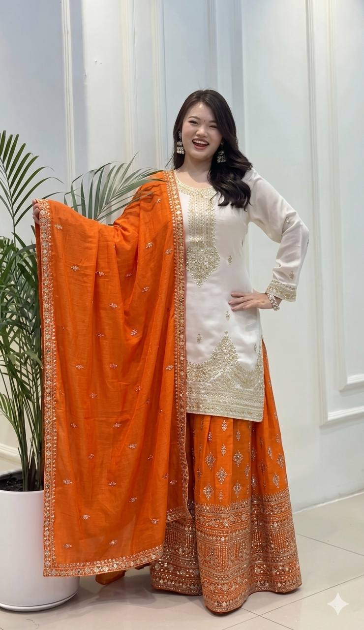 Elegant Chinon Silk Top Palazzo Set with Heavy Sequins Embroidery
