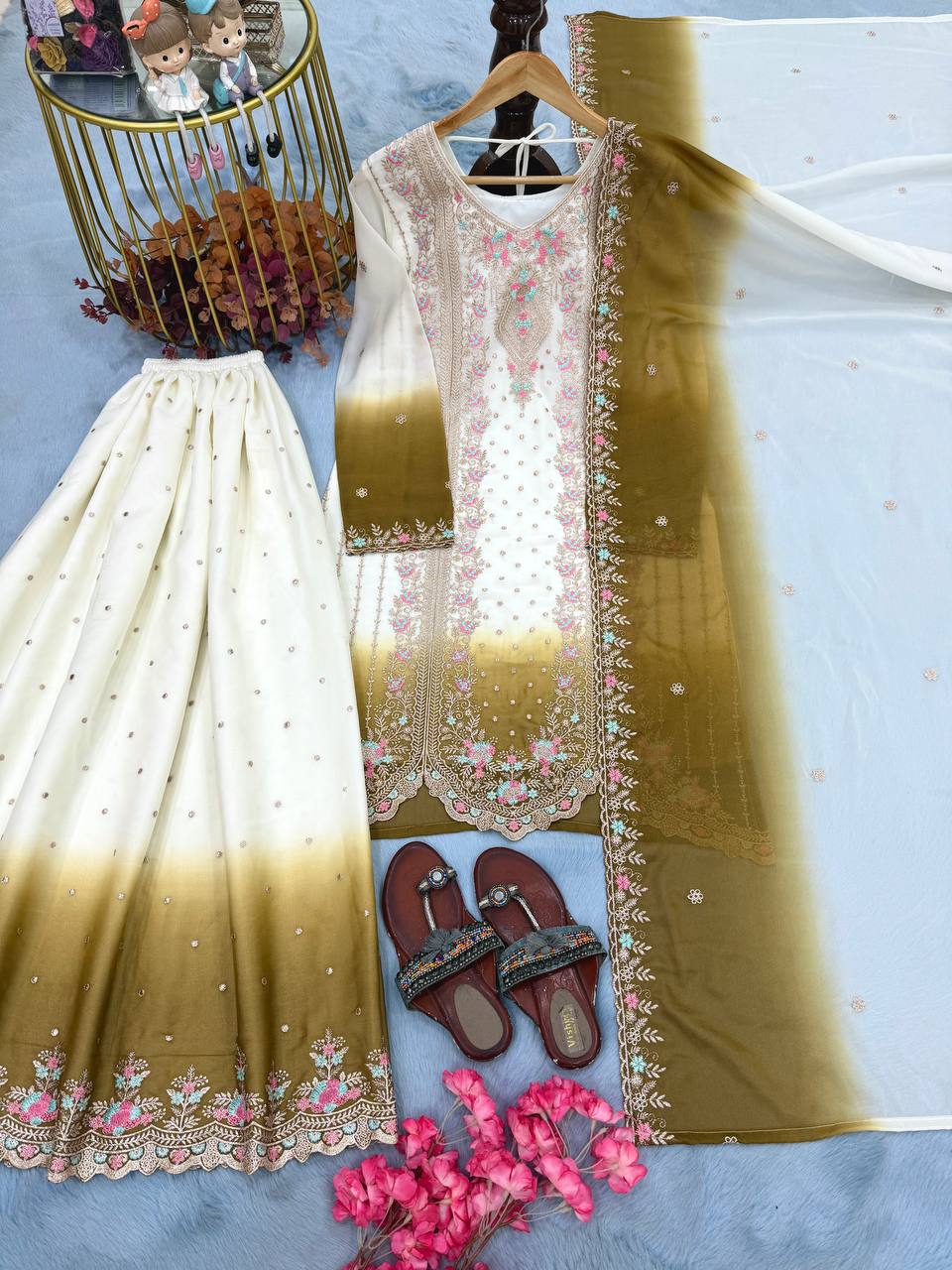 Ruhaniyat Dual Tone Georgette Embroidered Kurti Plazzo Set with Cutwork Dupatta