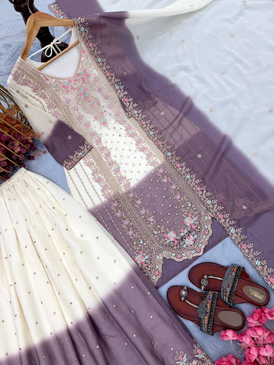Ruhaniyat Dual Tone Georgette Embroidered Kurti Plazzo Set with Cutwork Dupatta
