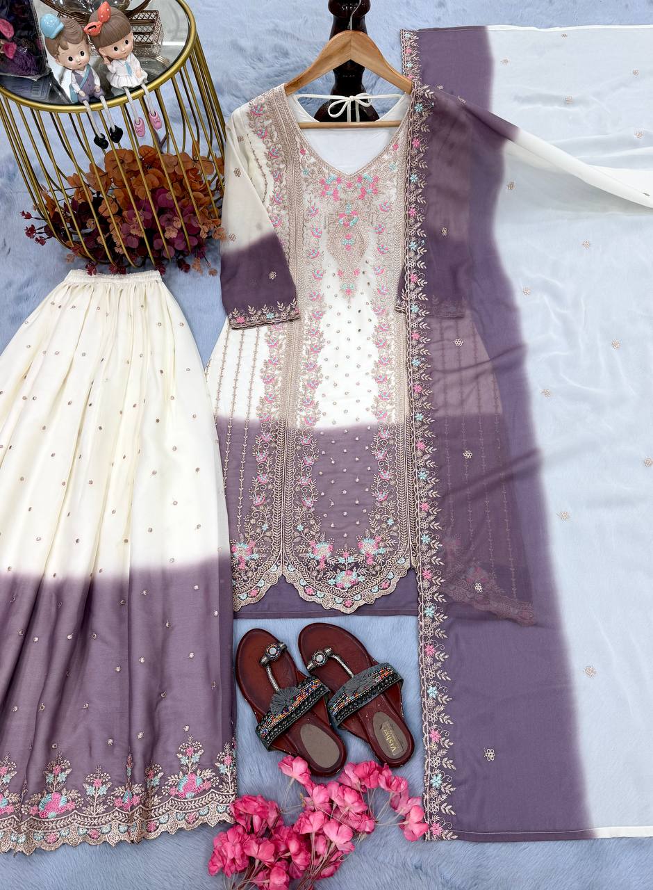 Ruhaniyat Dual Tone Georgette Embroidered Kurti Plazzo Set with Cutwork Dupatta