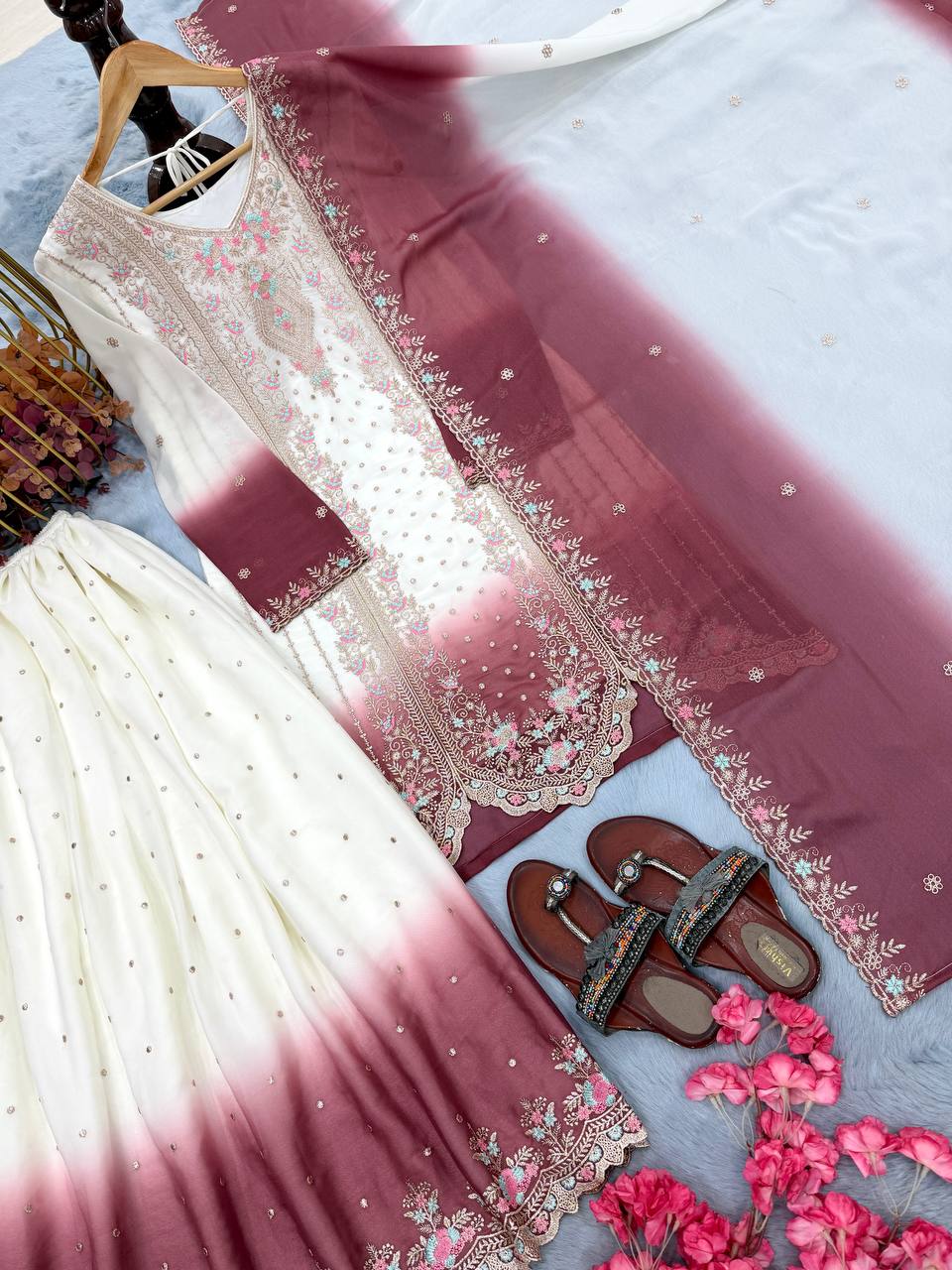 Ruhaniyat Dual Tone Georgette Embroidered Kurti Plazzo Set with Cutwork Dupatta