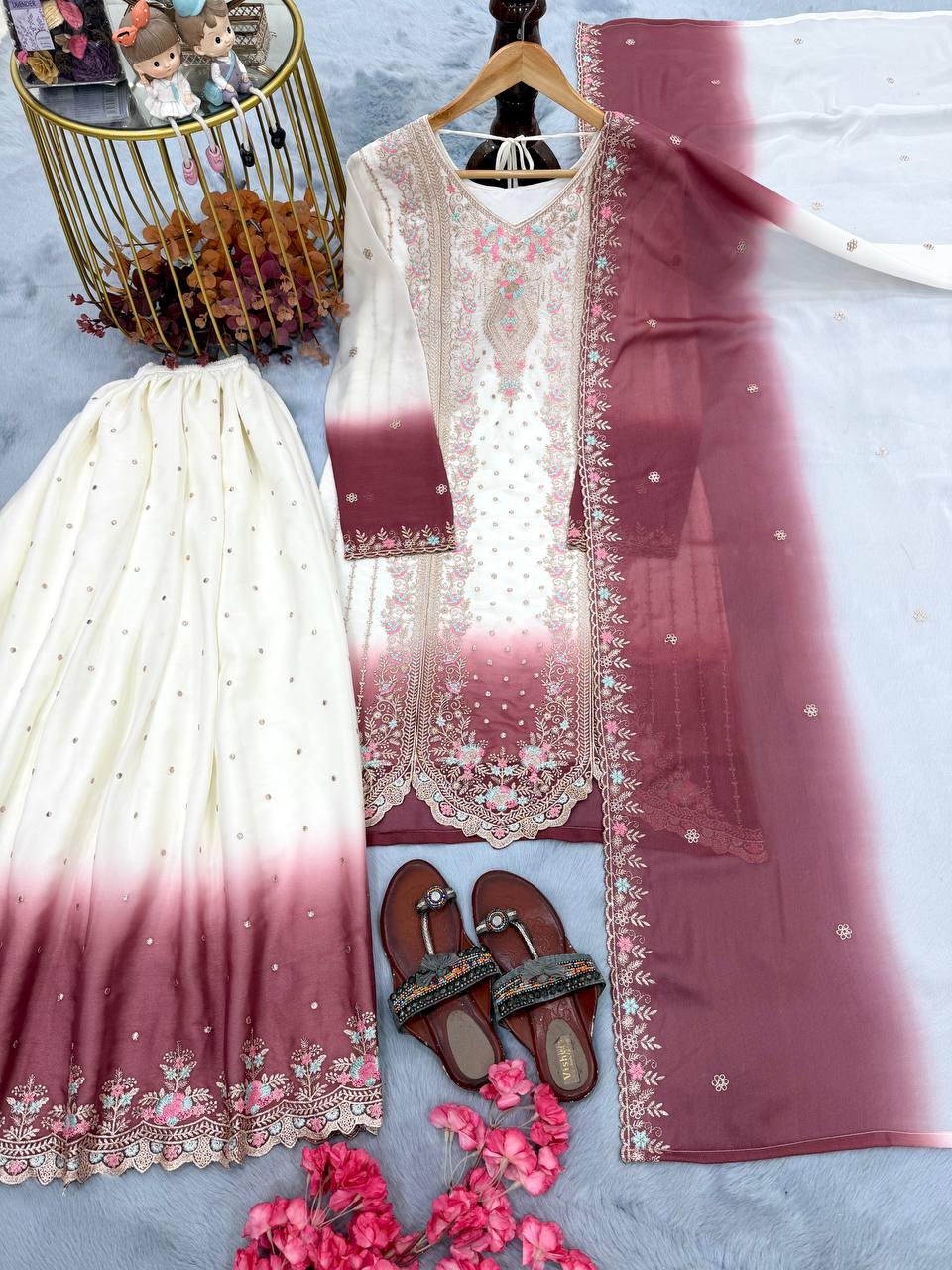 Ruhaniyat Dual Tone Georgette Embroidered Kurti Plazzo Set with Cutwork Dupatta