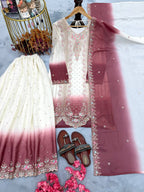 Ruhaniyat Dual Tone Georgette Embroidered Kurti Plazzo Set with Cutwork Dupatta