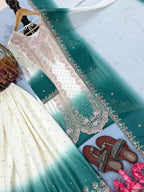 Ruhaniyat Dual Tone Georgette Embroidered Kurti Plazzo Set with Cutwork Dupatta