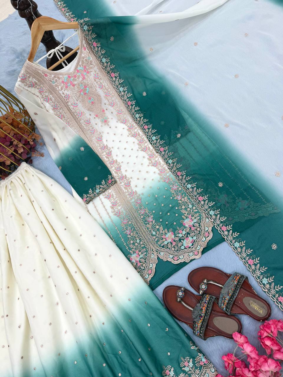 Ruhaniyat Dual Tone Georgette Embroidered Kurti Plazzo Set with Cutwork Dupatta
