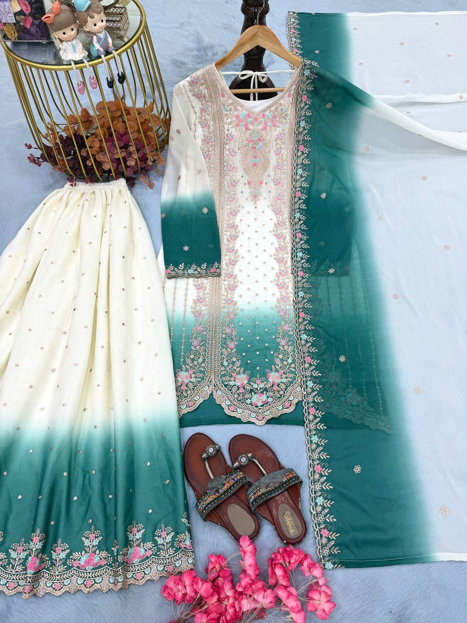 Ruhaniyat Dual Tone Georgette Embroidered Kurti Plazzo Set with Cutwork Dupatta