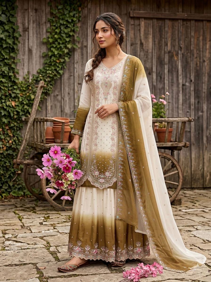 Ruhaniyat Dual Tone Georgette Embroidered Kurti Plazzo Set with Cutwork Dupatta