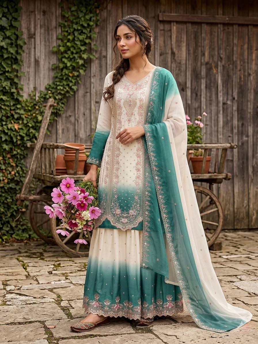 Ruhaniyat Dual Tone Georgette Embroidered Kurti Plazzo Set with Cutwork Dupatta