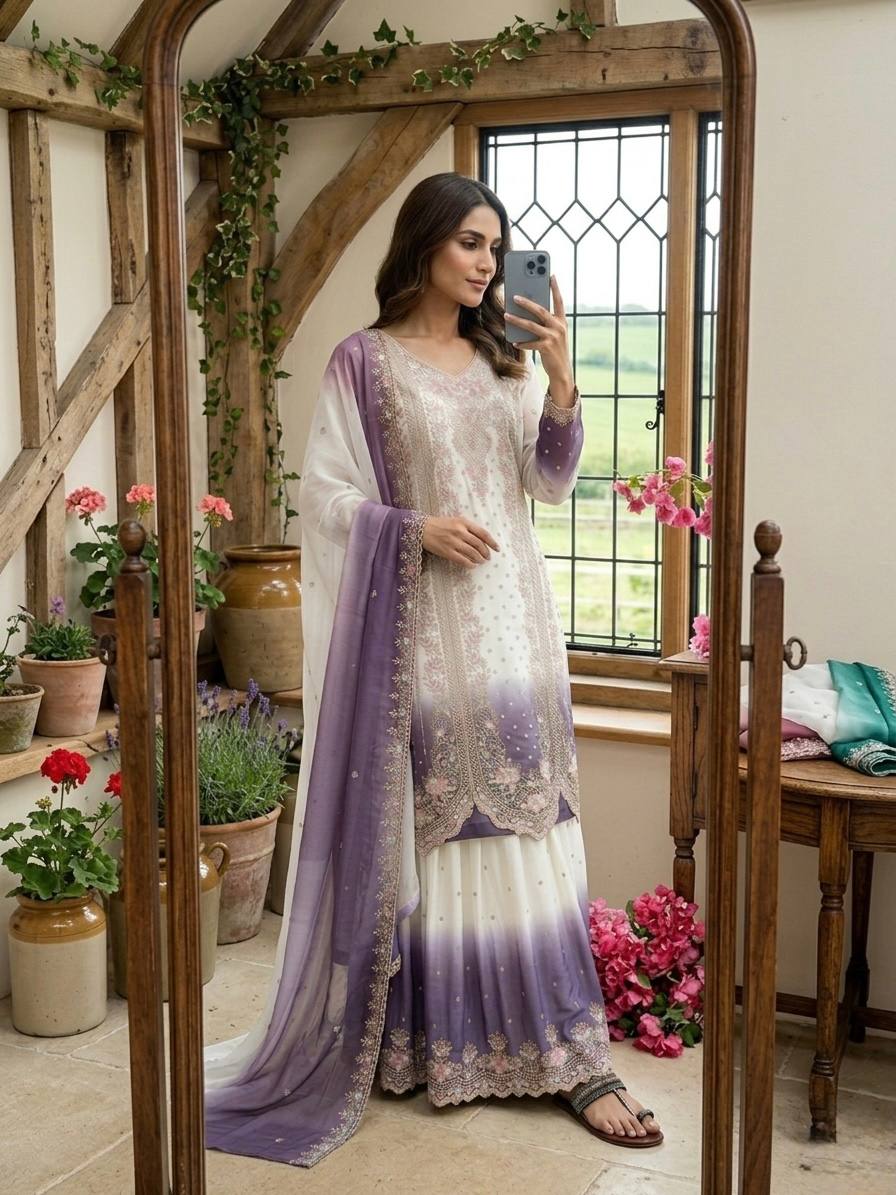 Ruhaniyat Dual Tone Georgette Embroidered Kurti Plazzo Set with Cutwork Dupatta