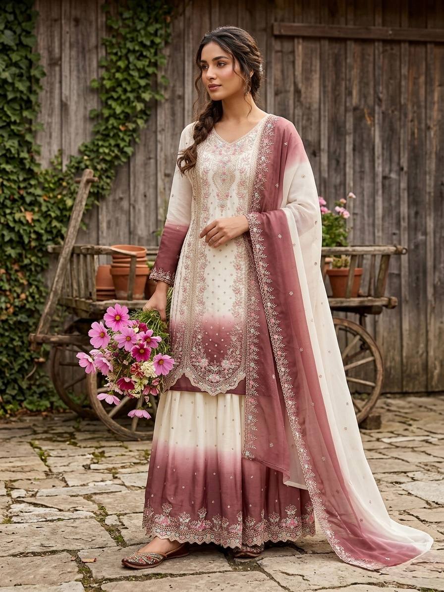Ruhaniyat Dual Tone Georgette Embroidered Kurti Plazzo Set with Cutwork Dupatta