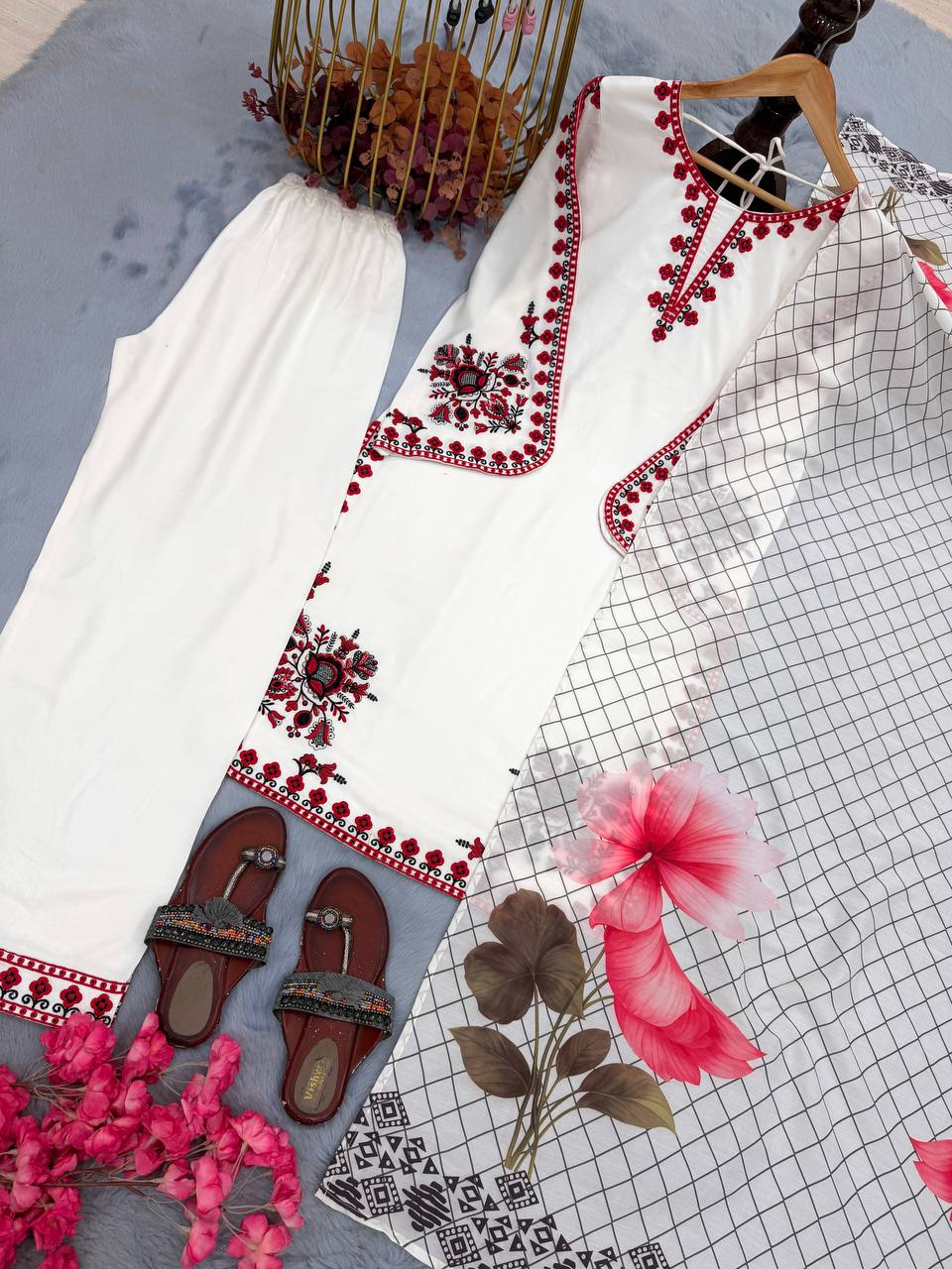 Vanika Satin Rayon Thread Embroidered Kurti Plazzo Set with Printed Dupatta