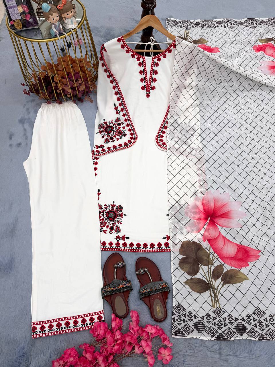 Vanika Satin Rayon Thread Embroidered Kurti Plazzo Set with Printed Dupatta