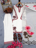 Vanika Satin Rayon Thread Embroidered Kurti Plazzo Set with Printed Dupatta