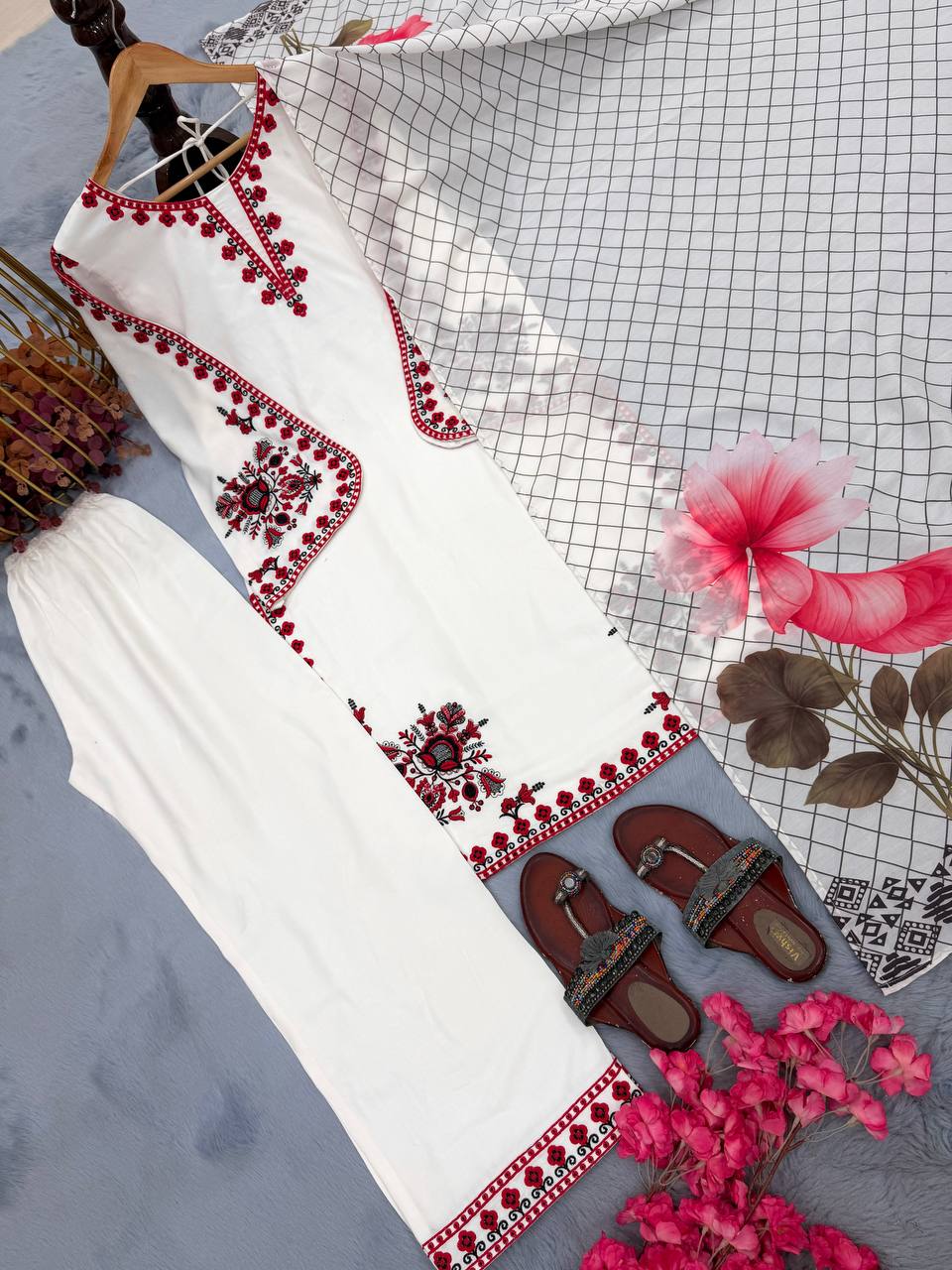 Vanika Satin Rayon Thread Embroidered Kurti Plazzo Set with Printed Dupatta