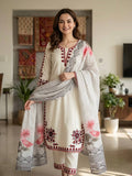 Vanika Satin Rayon Thread Embroidered Kurti Plazzo Set with Printed Dupatta