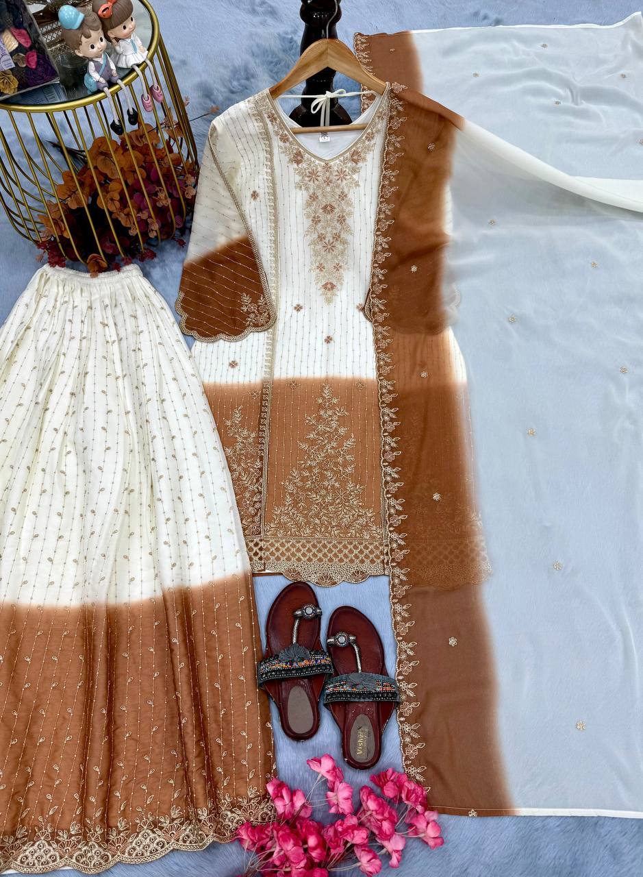 Nayantara Dual Tone Georgette Embroidered Kurti Palazzo Set with Cutwork Dupatta