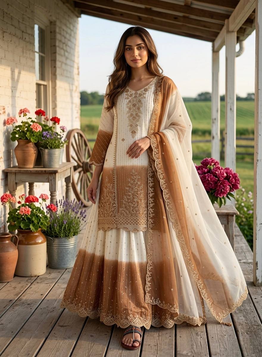 Nayantara Dual Tone Georgette Embroidered Kurti Palazzo Set with Cutwork Dupatta
