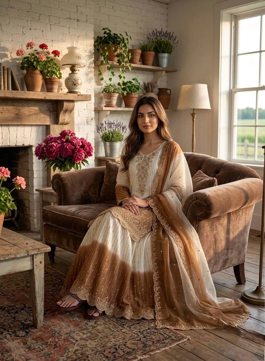 Nayantara Dual Tone Georgette Embroidered Kurti Palazzo Set with Cutwork Dupatta
