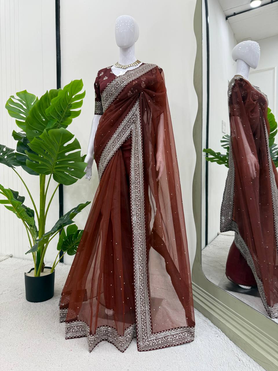Meherbano Organza Silk Diamond Work Saree with Embroidered Blouse