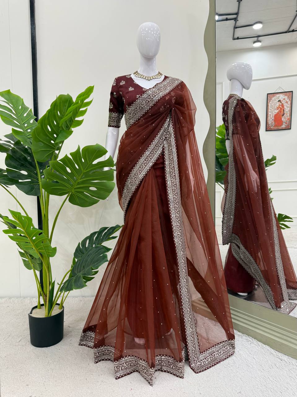 Meherbano Organza Silk Diamond Work Saree with Embroidered Blouse