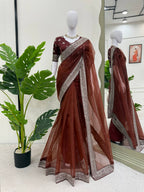 Meherbano Organza Silk Diamond Work Saree with Embroidered Blouse