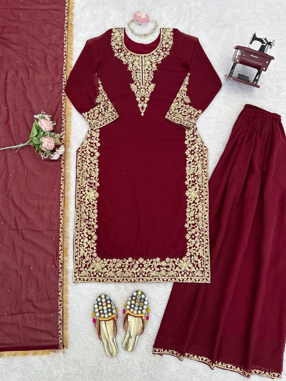 Gulraiz Georgette Heavy Embroidered Kurti Palazzo Set with Dupatta