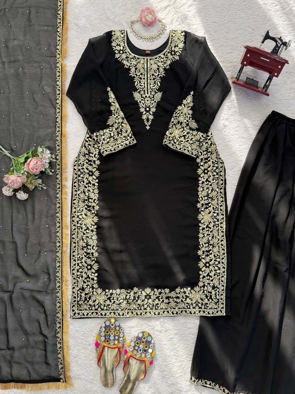 Gulraiz Georgette Heavy Embroidered Kurti Palazzo Set with Dupatta