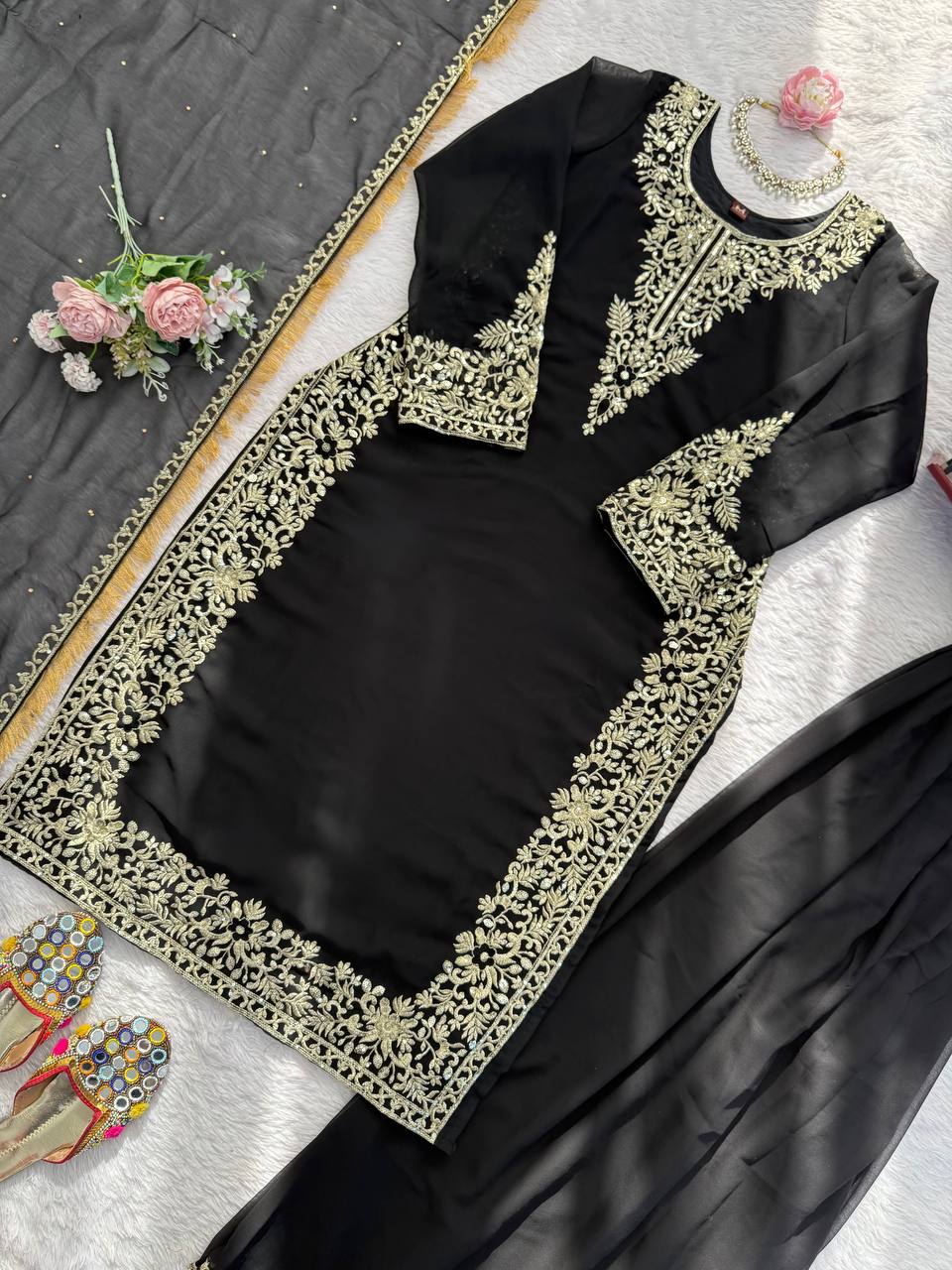 Gulraiz Georgette Heavy Embroidered Kurti Palazzo Set with Dupatta