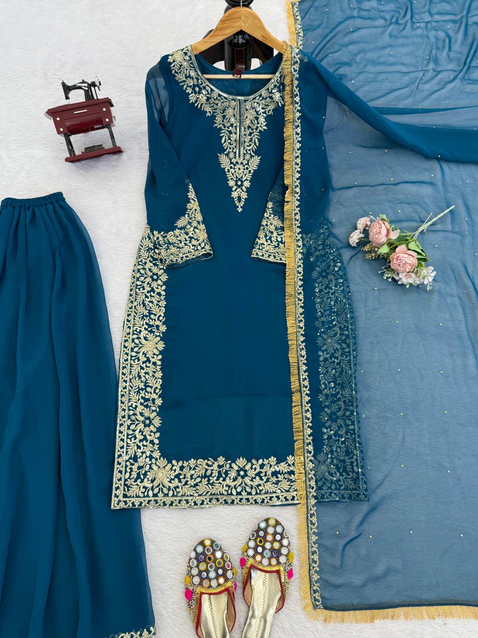 Gulraiz Georgette Heavy Embroidered Kurti Palazzo Set with Dupatta