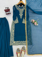 Gulraiz Georgette Heavy Embroidered Kurti Palazzo Set with Dupatta