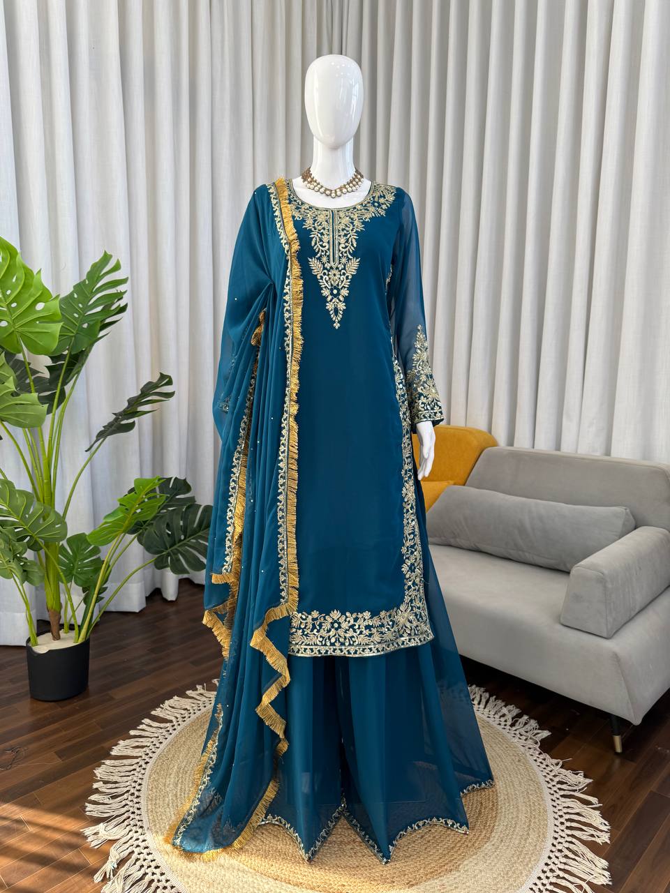 Gulraiz Georgette Heavy Embroidered Kurti Palazzo Set with Dupatta