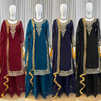 Gulraiz Georgette Heavy Embroidered Kurti Palazzo Set with Dupatta