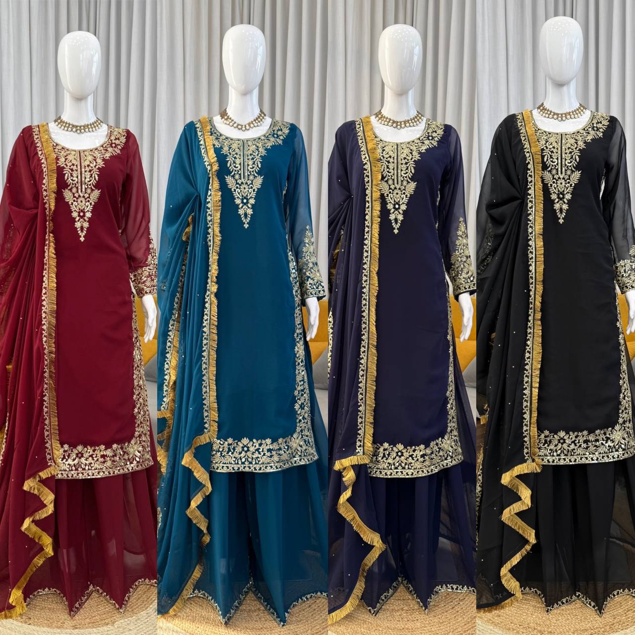 Gulraiz Georgette Heavy Embroidered Kurti Palazzo Set with Dupatta