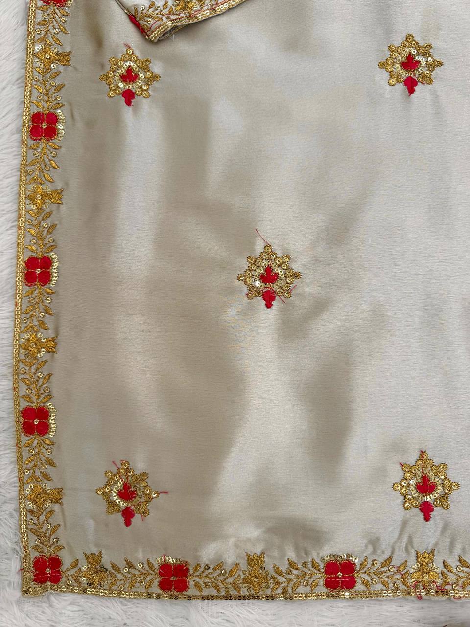 Mehrasa Zapan Satin Silk Thread & Sequins Embroidered Palazzo Set with Organza Dupatta